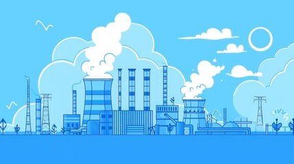 Illustration factory pollution with line art info graphic flat style, blue background. Generated AI