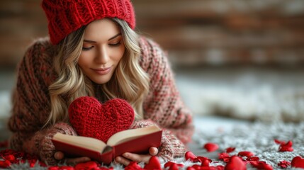 Kobieta leży na plaży zimną porą, ubrana ciepłe ubrania, czyta książkę o romansie wśród płatków róż i z sercem zrobionym na drutach. - obrazy, fototapety, plakaty