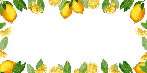 Lemons. Rectangular frame with yellow lemons and green leaves, lemon slices. All elements are hand painted with watercolors. For printing on fabric and paper, for designing napkins and towels.