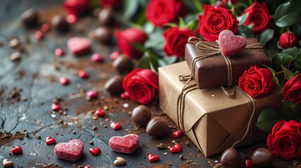 Na stole stoi pudełko czekoladek wraz z bukietem róż. - obrazy, fototapety, plakaty