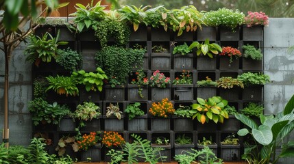 Fototapeta na wymiar A vertical garden wall, using pockets or shelves to maximize greenery in small spaces.