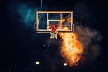 Witness an incredible moment as a basketball engulfed in flames traverses the hoop with precision and grace, Scoring the winning points at a basketball game, AI Generated