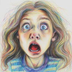 A colored pencil drawing capturing the emotions of children at school, including joy, fun, sadness, and despair, with a central focus on a girl.