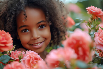 portrait of a child in the roses garden - obrazy, fototapety, plakaty