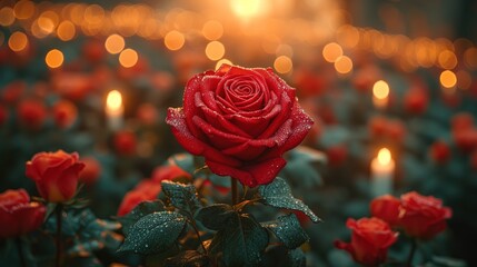 Róża czerwona jest umieszczona na środku pola z rozstawionymi świece. - obrazy, fototapety, plakaty