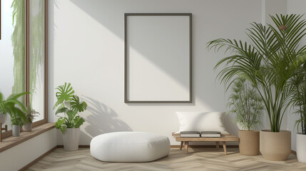 Empty blank wall mounted picture frame. Modern interior design. 3D render