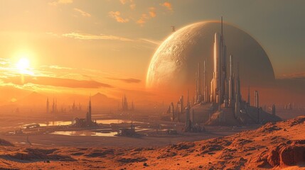 Obraz premium A futuristic space colony on a distant planet, imagining the future of human colonization.