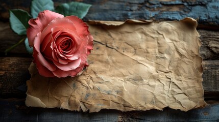 Czerwona róża leży na górze kawałka papieru w tematyce walentynkowej, obrazując miłość,...