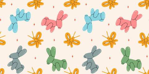Seamless pattern with bunny balloons. Bright colorful repeating elements. Stock illustration. Vector seamless pattern of cute cartoon bubble animal in color.