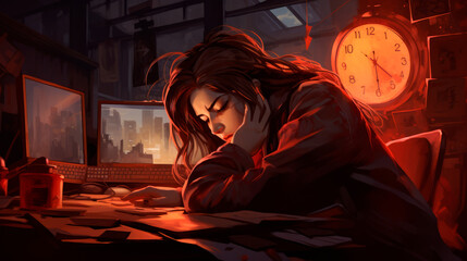 The woman behind the desk sits pensive and tired, in the light of a computer screen against a backdrop of scattered papers and a dim, red-colored room. Struggling with burnout. Mental health - obrazy, fototapety, plakaty