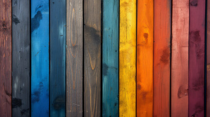 Rainbow Colored Wooden Fence With Bird Perched