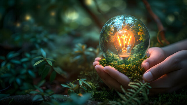 person holds a glass ball in the forest, in the style of reimagined by industrial light and magic