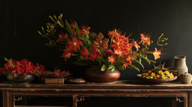 Myanmar's Thingyan flower, also known as padauk, delicately arranged on a table against a dark background, symbolizing the essence of springtime and cultural celebration in Myanmar.