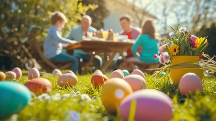 Easter scene in spring, family, easter with easter bunny - obrazy, fototapety, plakaty
