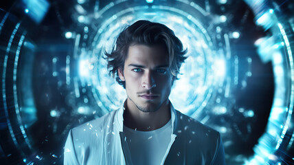 Obraz premium Portrait of a young man and technology