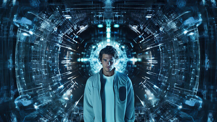 Fototapeta premium Portrait of a young man and technology