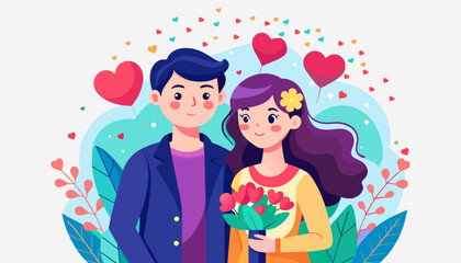 Romantic couple's valentine's day celebration with rose flower vector illustration background
