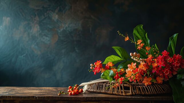 Myanmar's Thingyan flower, also known as padauk, delicately arranged on a table against a dark background, symbolizing the essence of springtime and cultural celebration in Myanmar.
