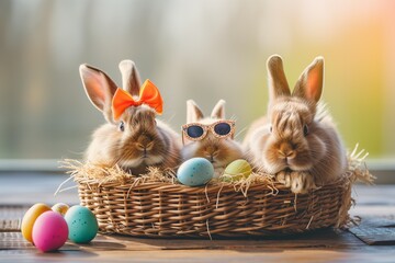 cute easter bunny family sitting in a wicker basket with colorful painted easter eggs - obrazy, fototapety, plakaty