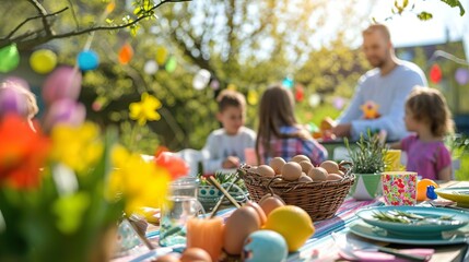 Easter scene in spring, family, easter with easter bunny