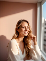 Fototapeta premium Woman is smiling and looking out window with her hand on her chin.