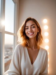 Woman standing in front of window with smile on her face.