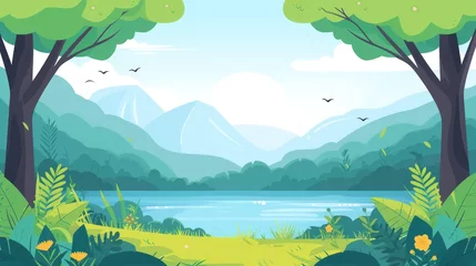 Poster Illustration natural spring landscape park with lake and mountain flat style background.Generated AI © Leafart