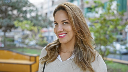 Portrait of a smiling young hispanic woman outdoors in an urban park setting on a sunny day.