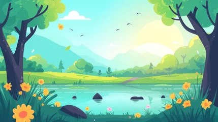 Fotobehang Illustration natural spring landscape park with lake and mountain flat style background.Generated AI © Leafart