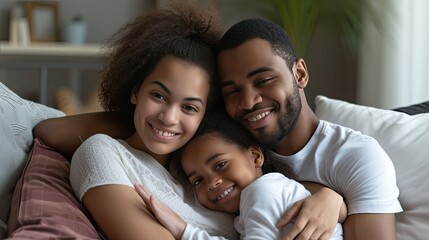 a loving young man hugs his wife and their precious daughter on the sofa. Their smiles and the warmth in their eyes create a perfect family portrait, embodying the essence of love and connection.