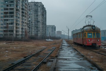 Fototapeta premium Vintage Tram on Urban Railway