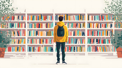 Illustration of men student with a backpack in the library, large shelves with books. Generative AI