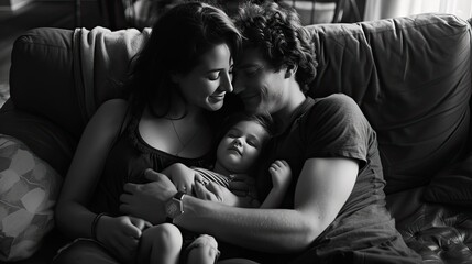 a loving young man hugs his wife and their precious daughter on the sofa. Their smiles and the warmth in their eyes create a perfect family portrait, embodying the essence of love and connection.