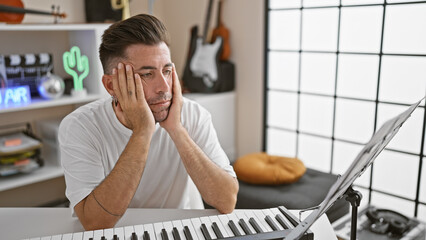 Anxious young hispanic pianist looks at music sheet in studio, fear seeping in during studio...
