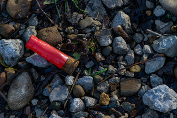 A spent cartridge case from a hunting cartridge lies in the middle of a mountain road.