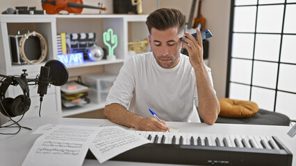 Handsome young hispanic male artist, deeply absorbed in writing a soulful melody in his notebook at...