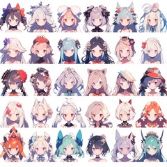 Sheet of various types of beautiful anime girl avatars
