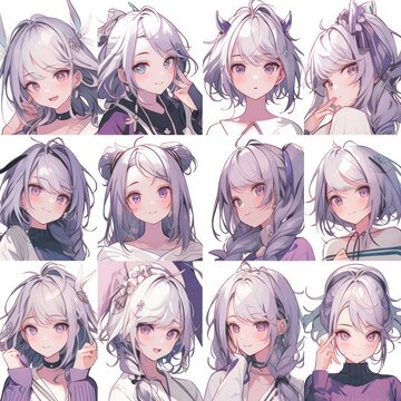 Sheet of various types of beautiful anime girl avatars