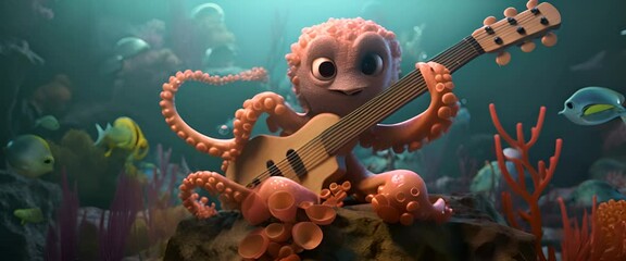 Cute animated octopus happily playing the guitar for his fish friends