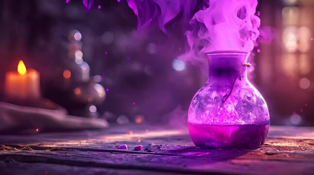 Purple potion in a flask emitting gases on a big wooden table