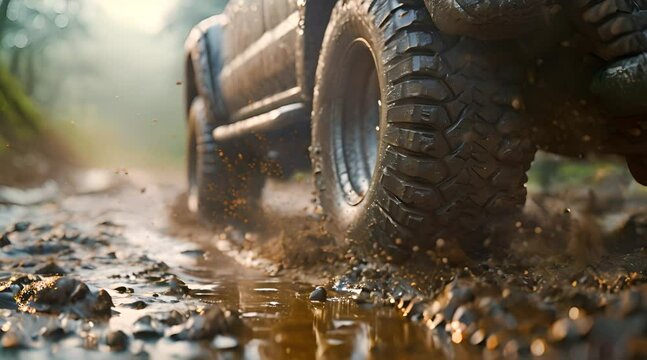 Close-up of the massive wheels of a 4x4 truck in the mud