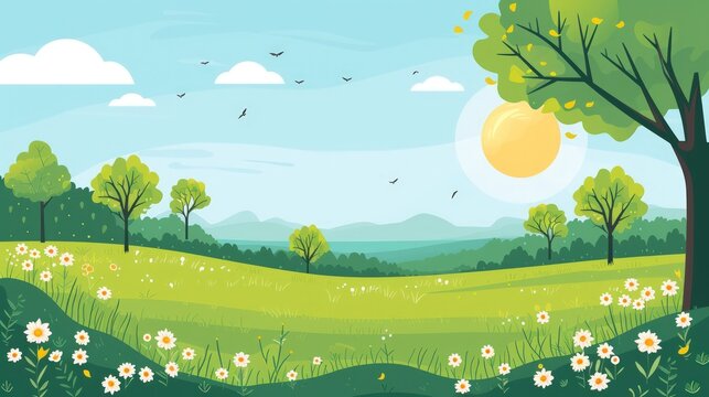 Illustration natural spring landscape park with lake and mountain flat style background.Generated AI
