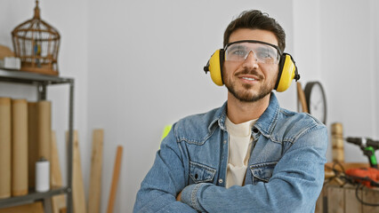 A smiling young hispanic man with a beard, wearing safety goggles and ear protection, arms crossed...