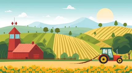 Poster Illustration agriculture and Farming landscape with tractor cartoon style. Generated AI image © Leafart