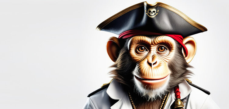 Portrait of a pirate monkey on a white background. Close-up. Generated AI