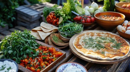 a traditional Turkish meal featuring savory stuffed turnovers, served alongside fresh vegetables in an outdoor setting, evoking the vibrant flavors and cultural richness of Turkish cuisine.