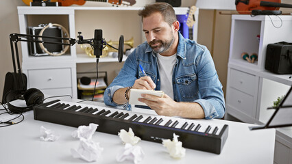Handsome middle-aged hispanic man composing music in a modern studio with a keyboard and microphone.