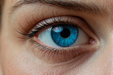 Fototapeta na wymiar Closeup on an light blue eye with long natural eyelashes.