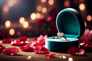 Closeup on a open box showing a heart-shaped diamond ring on a table with rose petals. BLurred bokeh background.