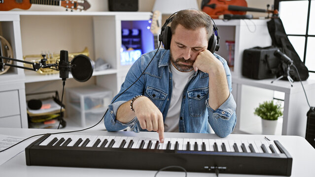 Handsome hispanic mature man with grey hair wearing headphones playing keyboard in a music studio. - Powered by Adobe
